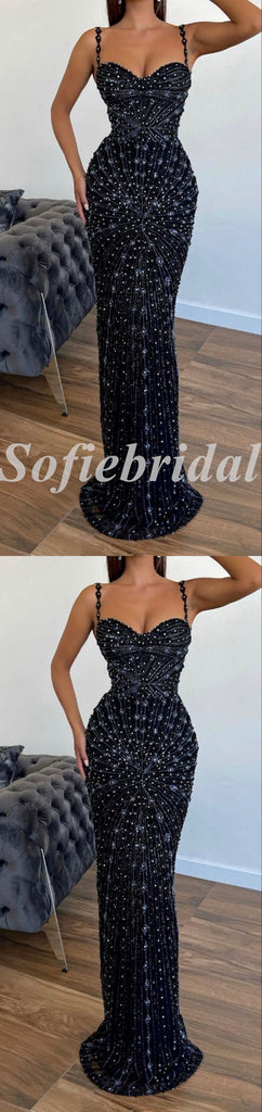 Sexy Special Fabric Spaghetti Straps V-Neck Sleeveless Mermaid Long Prom Dresses With Beading,SFPD0731