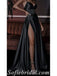 Sexy Black Satin Spaghetti Straps V-Neck Side Slit A-Line Long Prom Dresses,SFPD0478