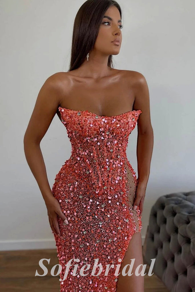 Sexy Sequin Sweetheart Sleeveless Side Slit Mermaid Long Prom Dresses With Beading,PD0747