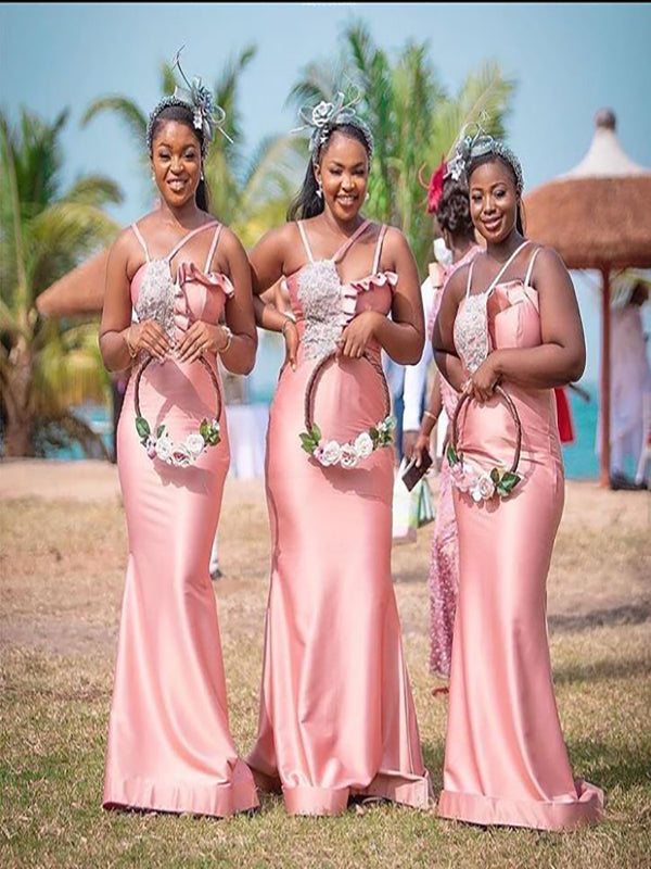 Elegant Pink Satin Spaghetti Straps Appliqued Meermaid Bridesmaid Dresses, SFWG00431