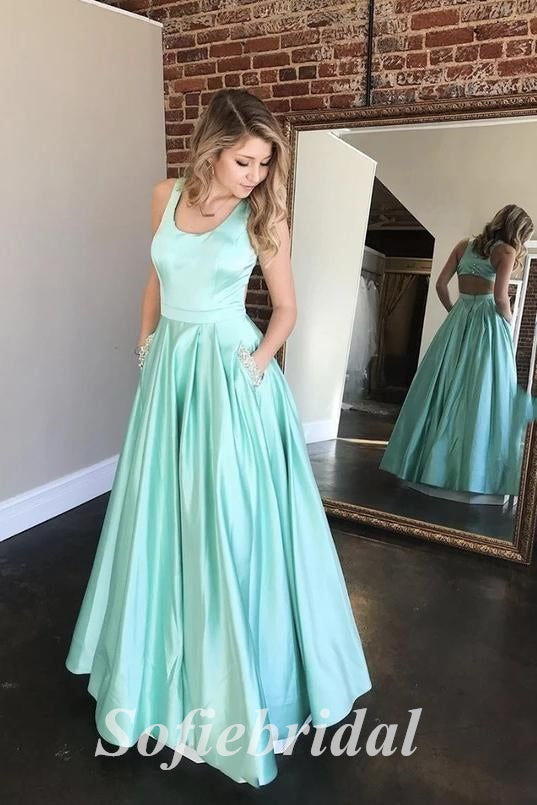 Sexy Satin Spaaghetti Straps sleeveless A-Line Long Prom Dresses With Pocket, PD0828