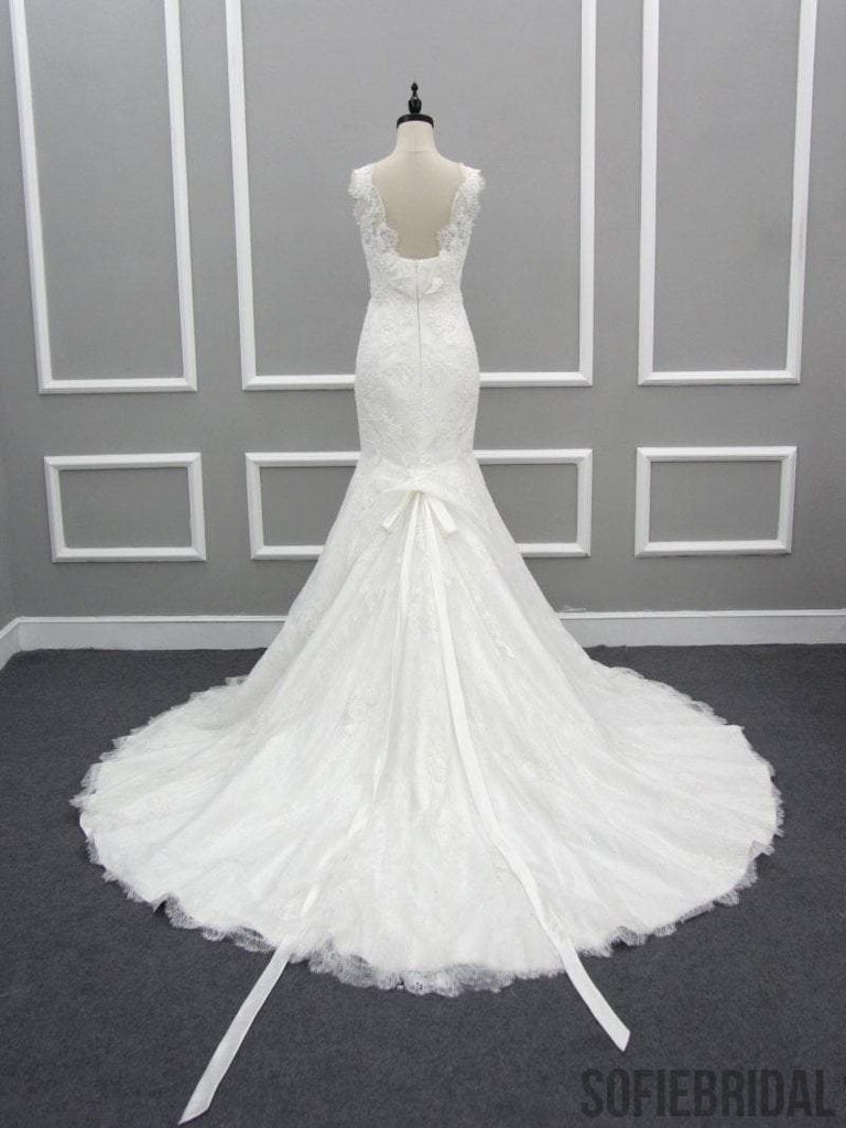 Scoop Illusion Long Mermaid Lace Tulle Wedding Dresses, Sleeveless Cheap Bridal Gown, WD0239