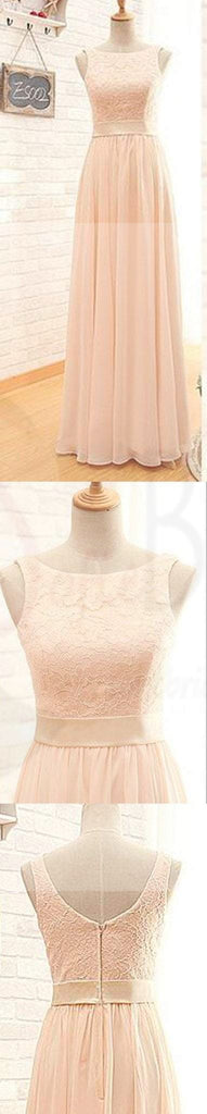 Modest Lace Top Bateau Off Shoulder Sleeveless Blush Pink Zipper Back Maxi Bridesmaid Dresses, WG15