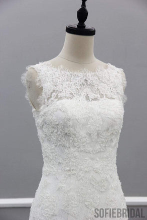 Scoop Illusion Long Mermaid Lace Tulle Wedding Dresses, Sleeveless Cheap Bridal Gown, WD0239