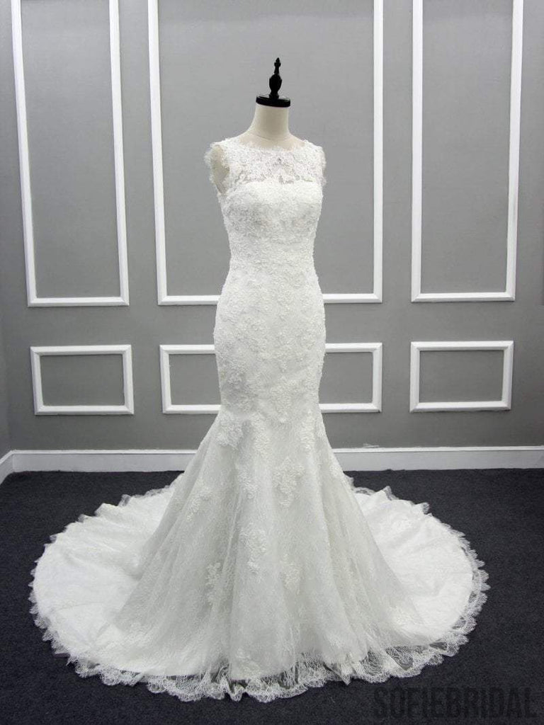 Scoop Illusion Long Mermaid Lace Tulle Wedding Dresses, Sleeveless Cheap Bridal Gown, WD0239