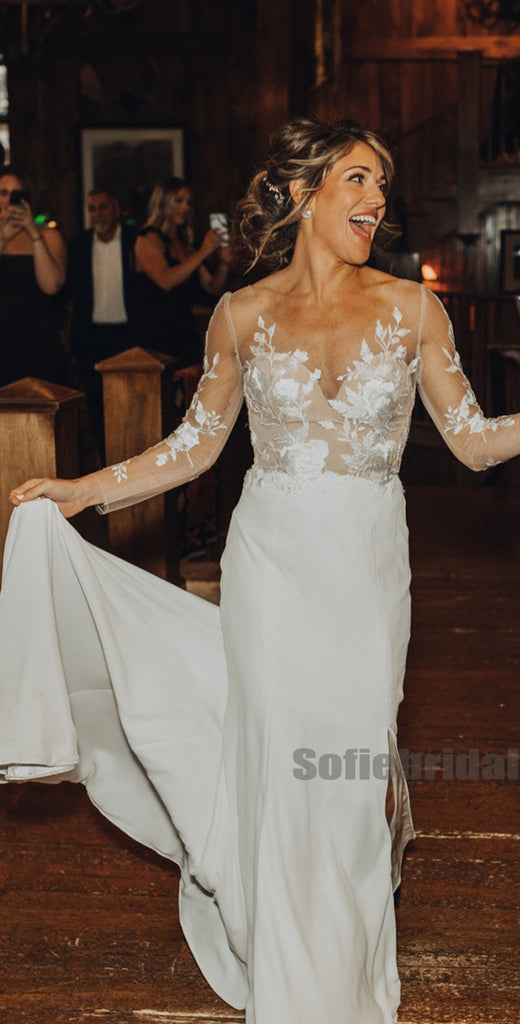 Elegant V-neck Mermaid V-back Long Sleeve Wedding Dresses,SFWD0048