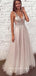A-Line Deep V-Neck Sleeveless Tulle Long Prom Dresses With Beading,SFPD0090