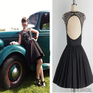Short black open back simple unique freshman formal homecoming prom dress,BD0090