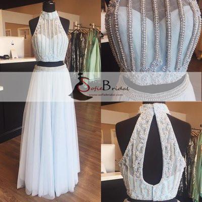 2 Pieces Halter Illusion Pearl Beaded Tulle Prom Dresses, Lovely Long Prom Dresses, PD0368