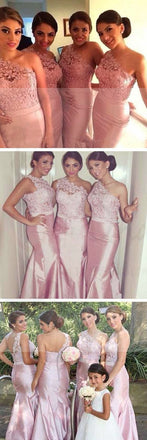 Charming One Shoulder Top Lace Mermaid Sexy Junior Pink On Sale Wedding Party Impressive Long Bridesmaid Dresses, WG93