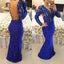 Gorgeous Royal Blue Lace Beaded Long Sleeve See Through Back style Long Mermaid Prom Dresses, PD0281