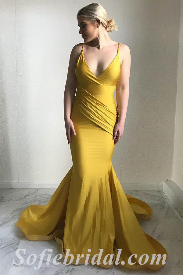 Sexy Satin Spaghetti Straps V-Neck Sleeveless Backless Mermaid Long Prom Dresses,SFPD0554