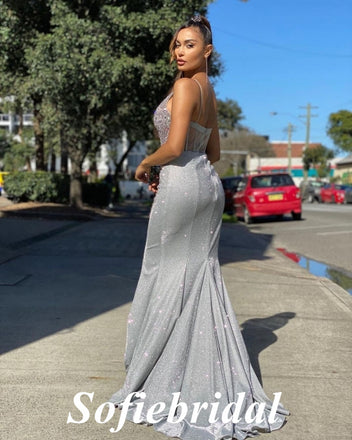 Sexy Spaghetti Straps V-Neck Sleeveless Mermaid Long Prom Dresses,PD0743