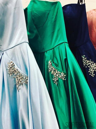 Strapless A-line Simple Stain Prom Dresses With Beading Pocket, PD0031