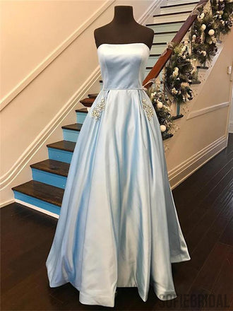 Strapless A-line Simple Stain Prom Dresses With Beading Pocket, PD0031