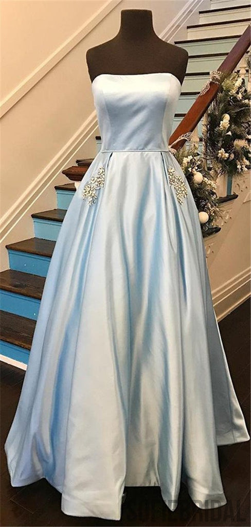 Strapless A-line Simple Stain Prom Dresses With Beading Pocket, PD0031