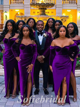 Sexy Grape Velvet Off Shoulder Long Sleeve Side Slit Sheath Floor Length Bridesmaid Dressses,SFWG00484