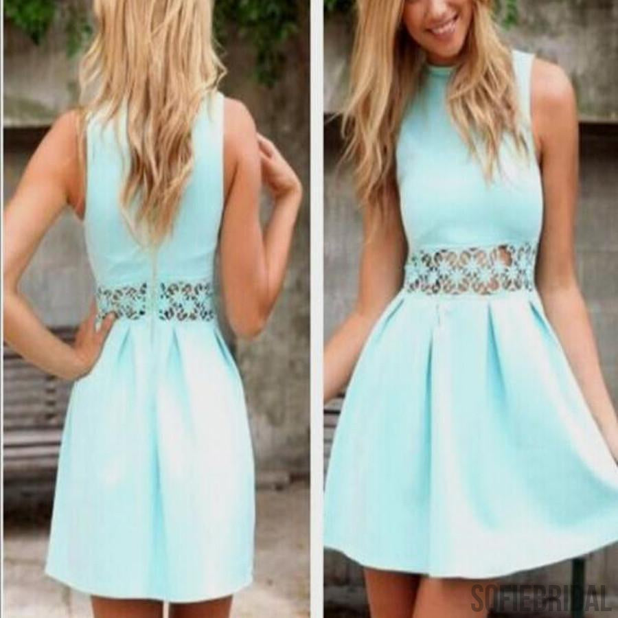 Round Neck Simple Design Check Short Prom Dress, Homecoming Dresses, SF0035