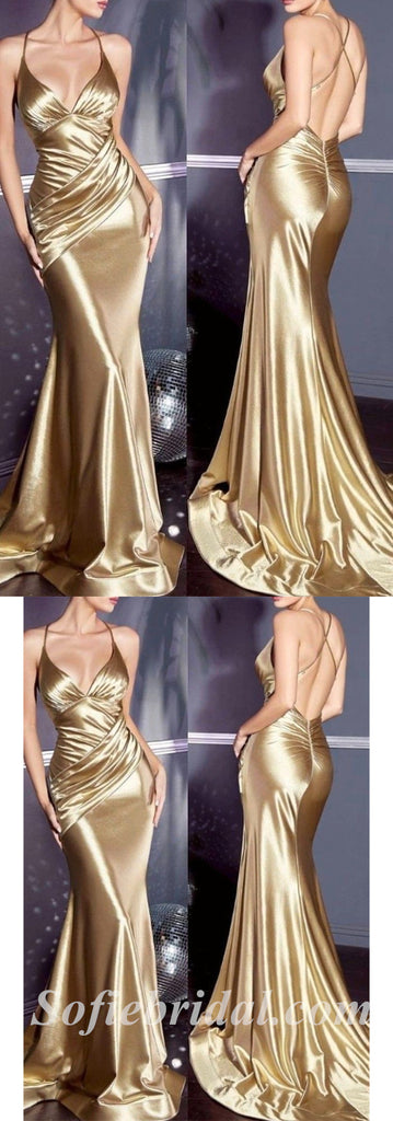 Sexy Gold Elestic Satin V-Neck Criss Cross Mermaid Long Prom Dresses,SFPD0337