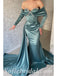 Sexy Satin Off Shoulder Long Sleeve V-Neck Sleeveless Mermaid Long Prom Dresses With Train,SFPD0403