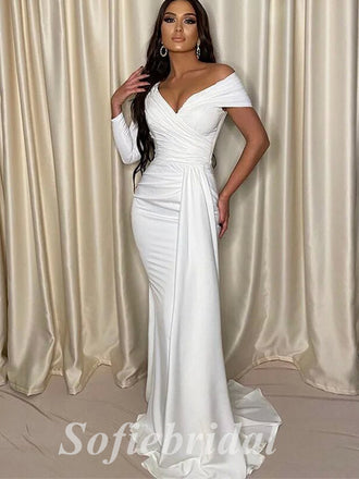 Sexy White Satin V-Neck Long Sleeve Mermaid Long Prom Dresses With Trailing,SFPD0622