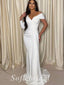 Sexy White Satin V-Neck Long Sleeve Mermaid Long Prom Dresses With Trailing,SFPD0622