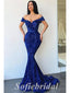 Sexy Royal Blue Sequin Off Shoulder V-Neck Sleeveless Mermaid Long Prom Dresses,SFPD0632