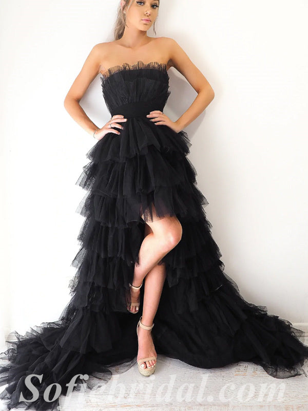Sexy Black Tulle Sweetheart Sleeveless High Low A-Line Long Prom Dresses,SFPD0588