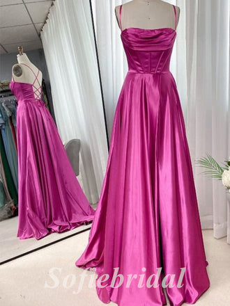 Sexy Satin Spaghetti Straps Criss Cross Lace Up A-line Long Prom Dresses,SFPD0647