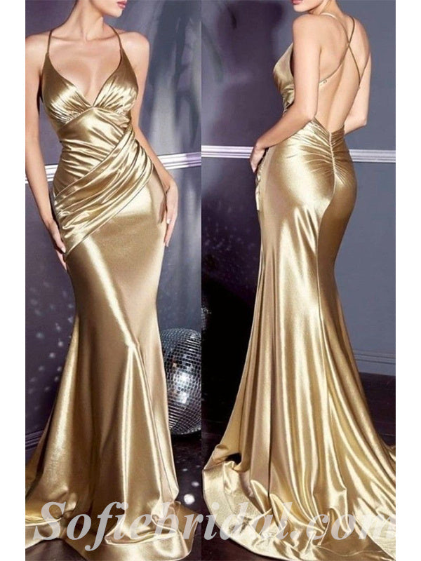 Sexy Gold Elestic Satin V-Neck Criss Cross Mermaid Long Prom Dresses,S SofieBridal Sexy Gold Elestic Satin V-Neck Criss Cross Mermaid Long Prom Dresses,S SofieBridal