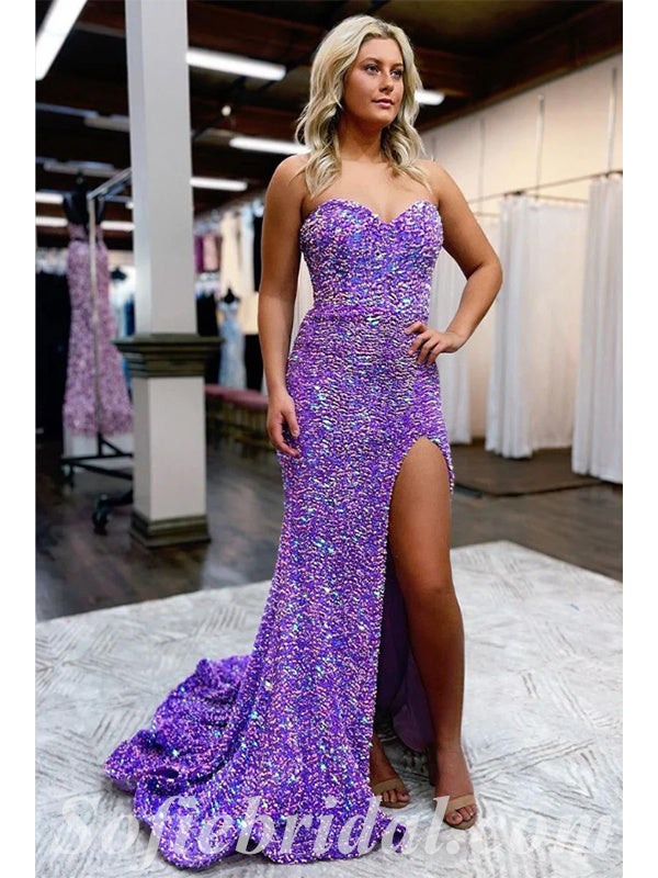 Sexy Purple Sequin Sweetheart V-Neck Sleeveless Side Slit Mermaid Long Prom Dresses,SFPD0389