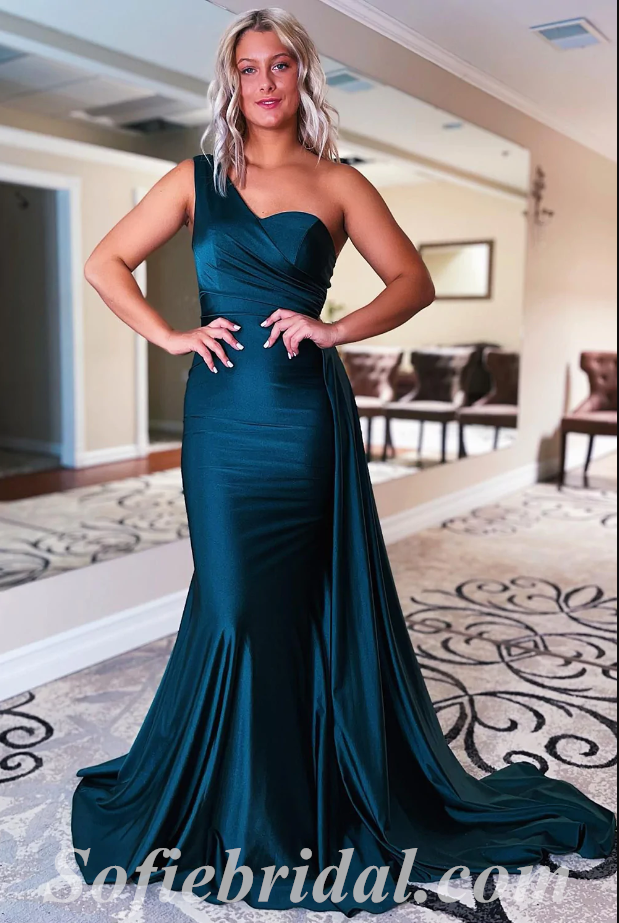 Sexy Satin One Shoulder Mermaid Long Prom Dresses With Trailing,SFPD0475