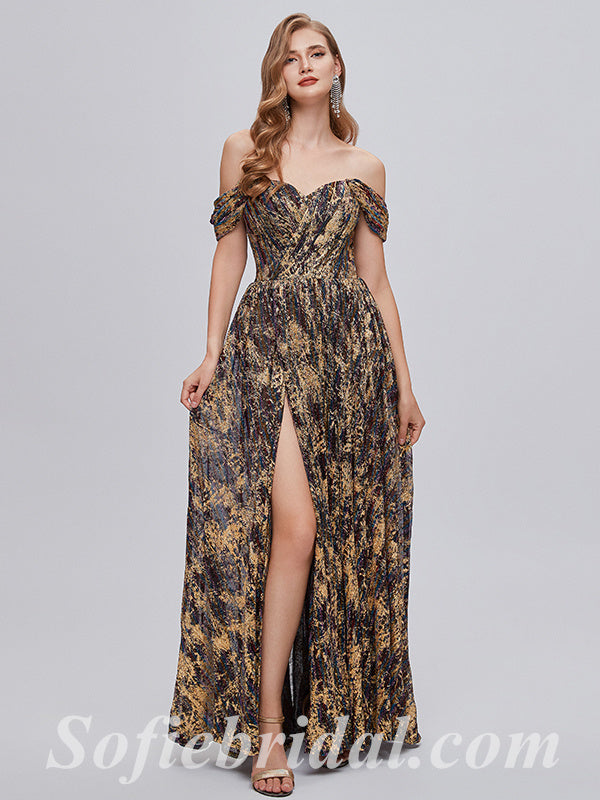 Elegant Special Fabric Off Shoulder V-neck Sheath Side Slit Long Prom Dresses,SFPD0350