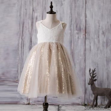 Lace Top Sequin Tulle Flower Girl Dresses, Affordable Lovely Zip Up Little Girl Dresses , FG055