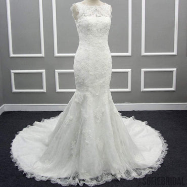 Scoop Illusion Long Mermaid Lace Tulle Wedding Dresses, Sleeveless Cheap Bridal Gown, WD0239