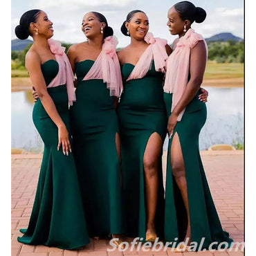 Sexy Soft Satin And Tulle One Shoulder Side Slit Mermaid Floor Length Bridesmaid Dressses, SFWG00444