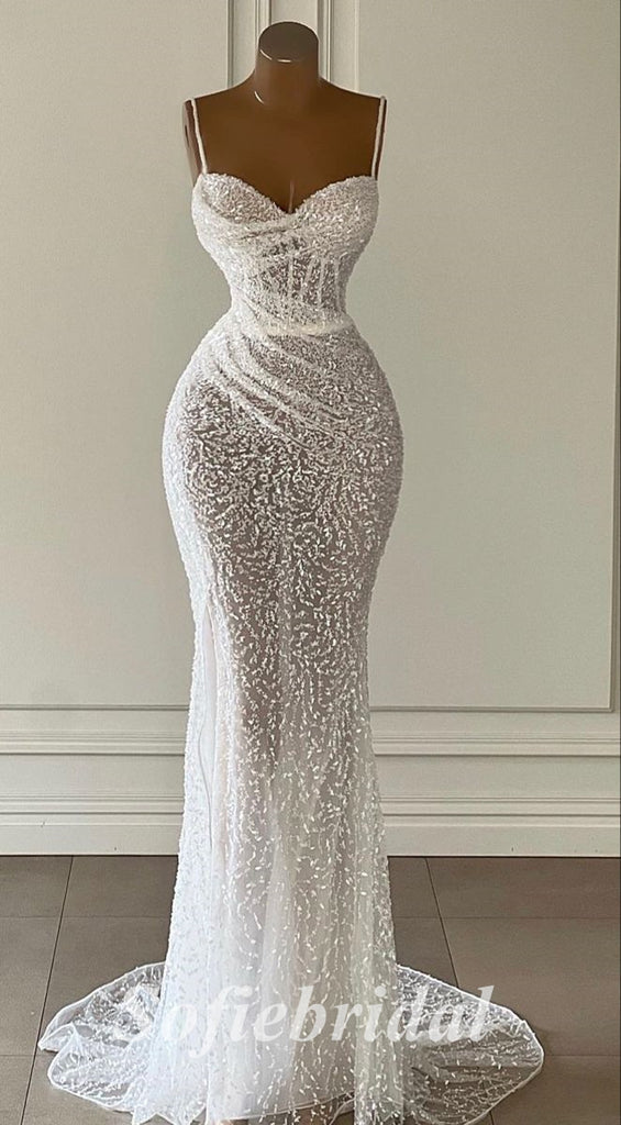 Sexy White Tulle Sequin Lace Spaghetti Straps V-Neck Sleeveless Mermaid Long Prom Dresses, PD0871