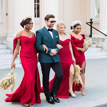 Red Satin V-neck Side Slit Zipper Mermaid Bridesmaid Dresses ,SFWG00409