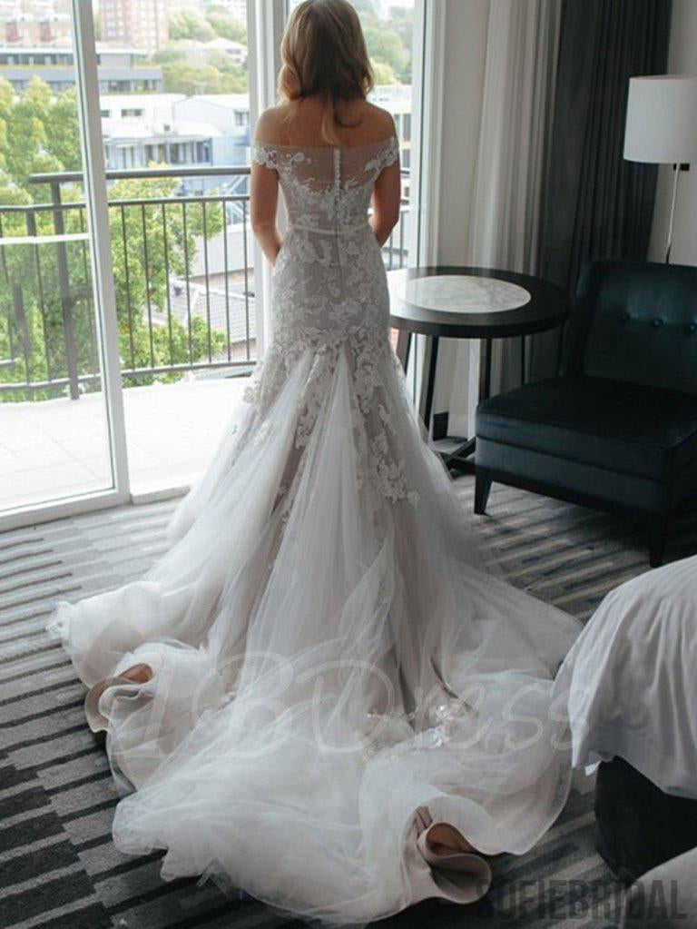 Off Shoulder Appliques Tulle Mermaid Long Train Wedding Dresses, WD0282