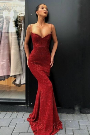 Sexy Sequin Spaghetti Straps V-Neck Mermaid Floor Length Prom Dresses,SFPD0234