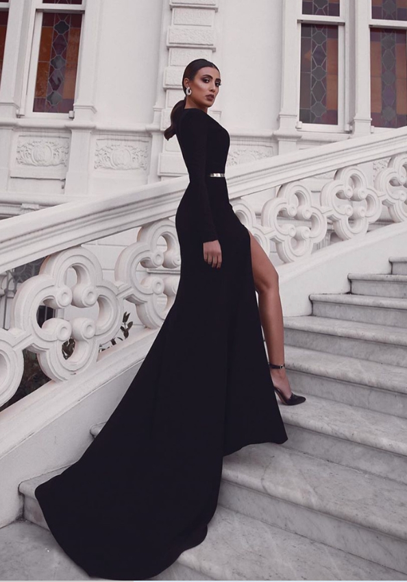 Black Sexy Crepe V-Neck Long Sleeves Side Slit Prom Dresses,SFPD0182 –  SofieBridal
