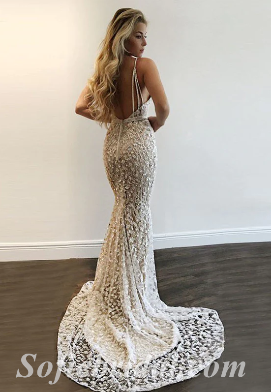 Sexy Lace And Tulle Spaghetti Straps Deep V-Neck Sleeveless Mermaid Long Prom Dresses,SFPD0504