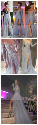 Long Prom Dresses, Gray Prom Dresses, Lace Prom Dresses, Off Shoulder V-neck Prom Dresses, Side Slit Sexy Prom Dresses, Evening Dresses, PD0021