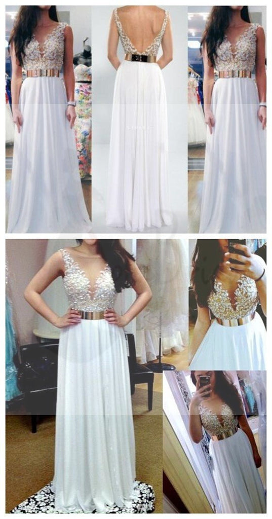 Sexy V- Back White Lace, Long A-Line Charming Prom Dresses, Graduation Dresses