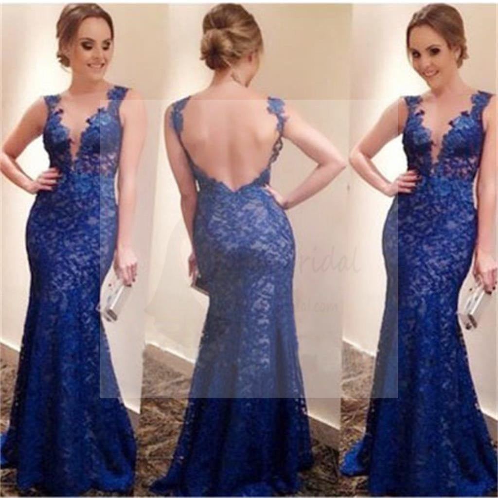 Sheath Blue Lace Cheap Backless Evening Prom Dresses Online, PD0110