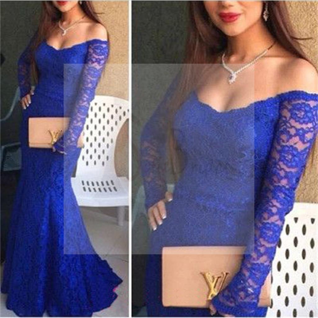 Off Shoulder Sexy Royal Blue Lace Mermaid Prom Dresses, Cheap Prom Dress