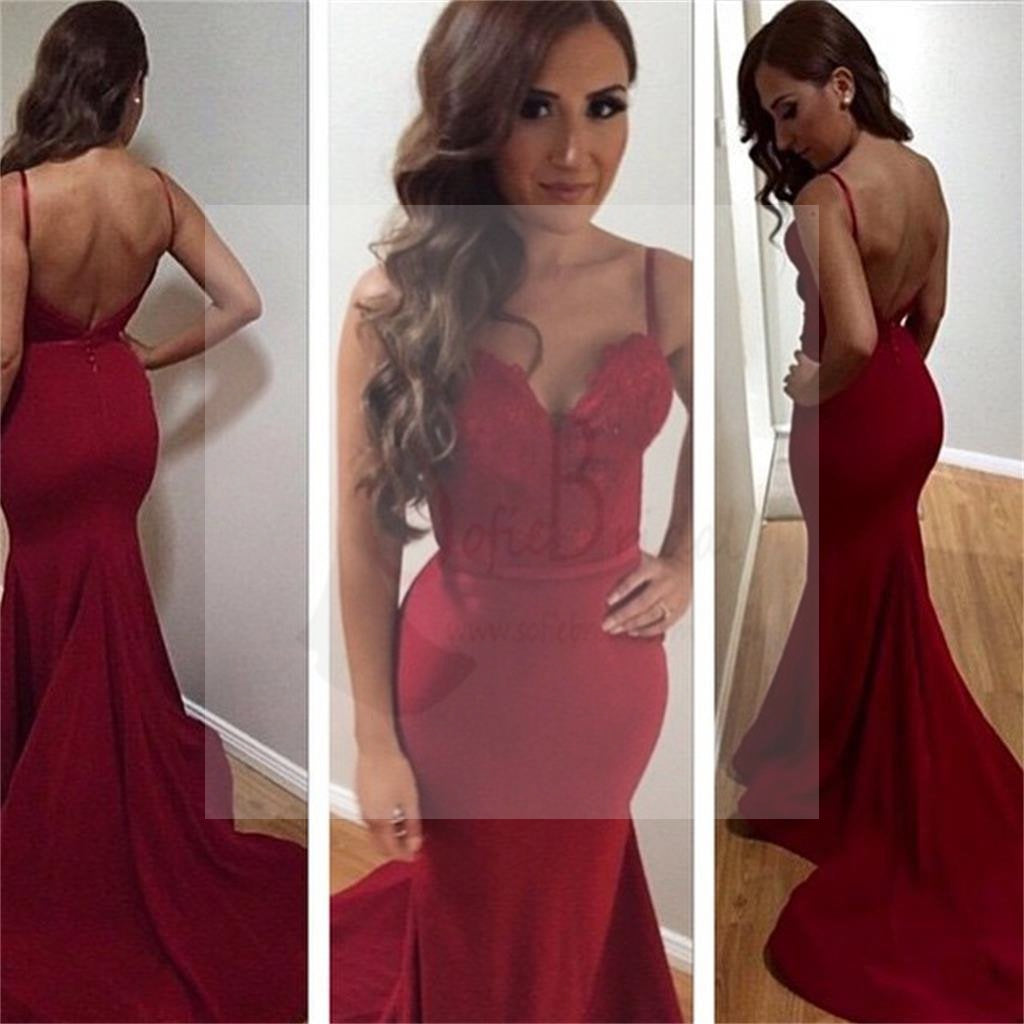 Sexy Red Spaghetti Straps Backless Popular Mermaid Prom Dresses PD0125