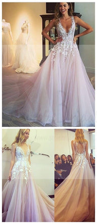 Sexy V-Neck Off Shoulder Prom Dress, Charming Prom Dress,Party Prom Dresses, Pink Bridal Gown