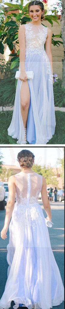 See Through Side Slit Pale Blue Lace Scoop Prom Dress,Custom A-line Prom Dresses