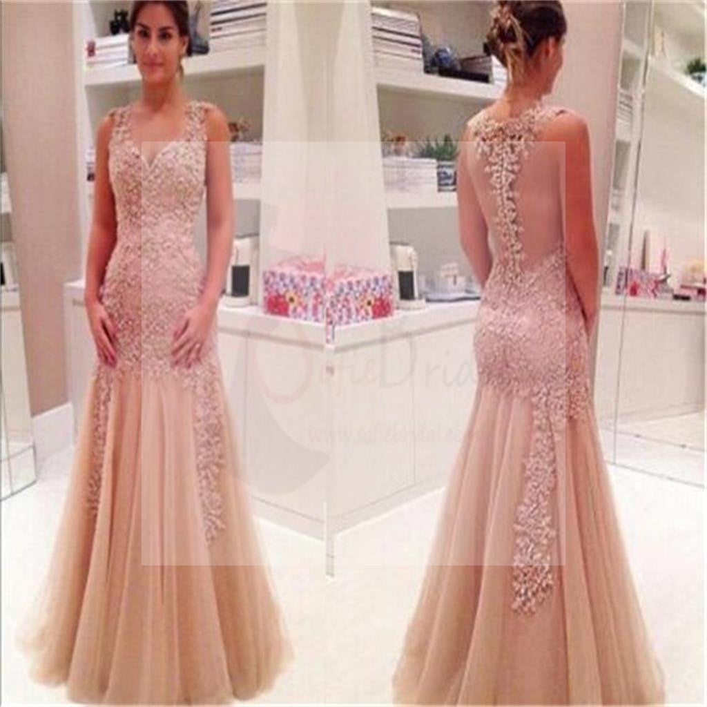 Dusty Pink Lace Mermaid Prom Dresses, Cheap Popular Long Tulle Prom Dresses